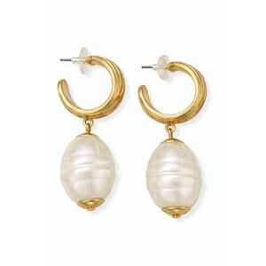 Chico’s Style Gold Tone Hoop Drop Earrings Faux Pearl Bead Boho Classic